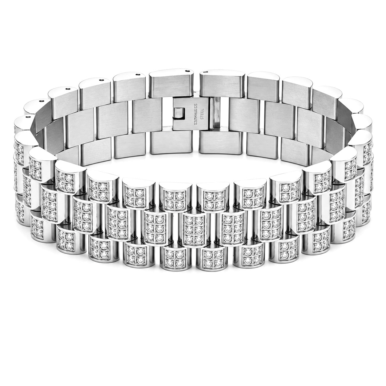 Emils Jewellery iced out president bracelet. Stainless steel bracelet with Cubic zirconia stones. Sparkles like diamonds Water and sweat proof premium jewelry. Perfect bracelet for man, watch collectors and enthusiasts. Inspired by the watch industry.