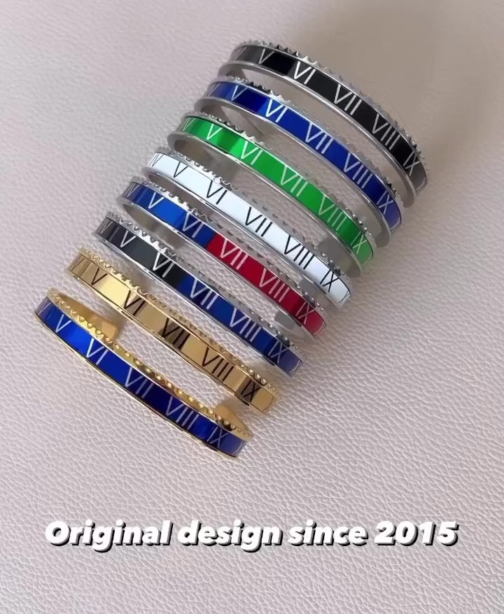 All colors of the Roman Speed bracelets by Emils Jewellery bezel style bracelets