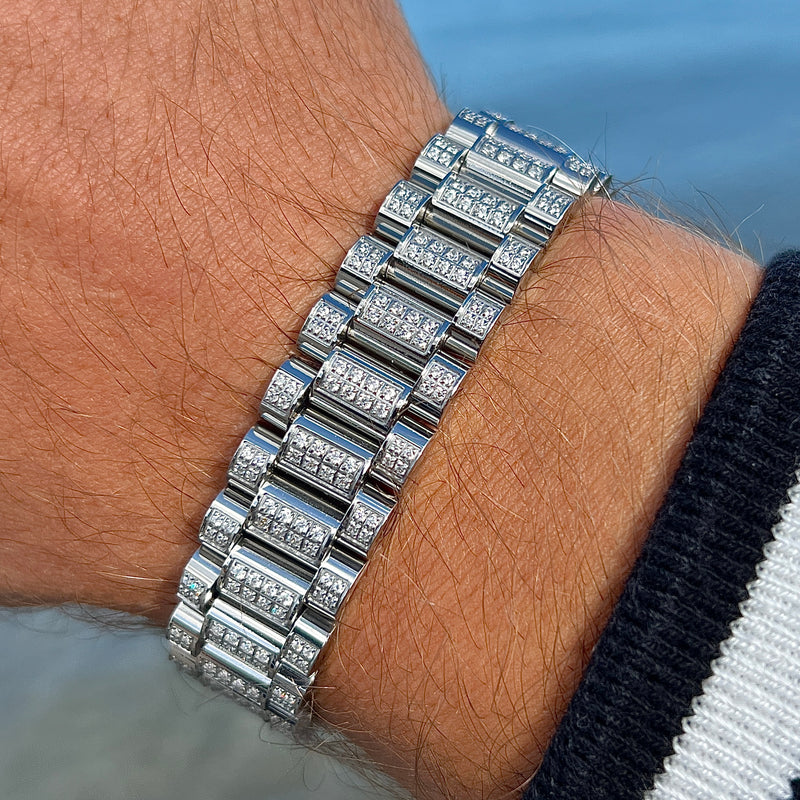 Emils Jewellery iced out president bracelet. Stainless steel bracelet with Cubic zirconia stones. Sparkles like diamonds