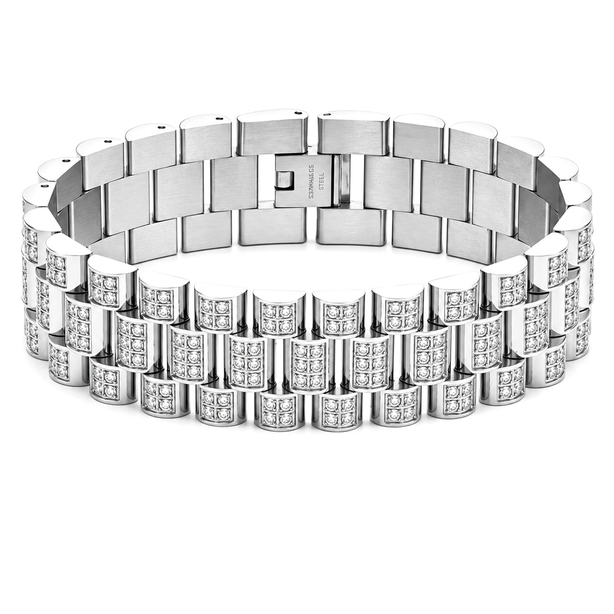 Emils Jewellery iced out Triple Link bracelet. Stainless steel bracelet with Cubic zirconia stones. Sparkles like diamonds Water and sweat proof premium jewelry. Perfect bracelet for man, watch collectors and enthusiasts. Inspired by the watch industry.