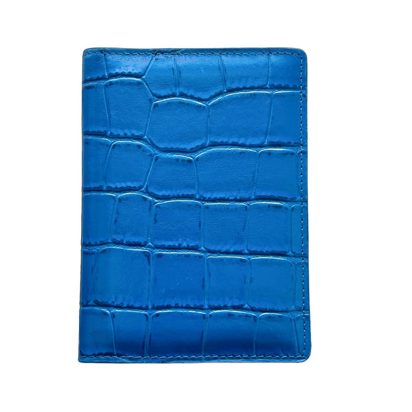 Cartera / porta pasaporte de piel azul con estampado de cocodrilo