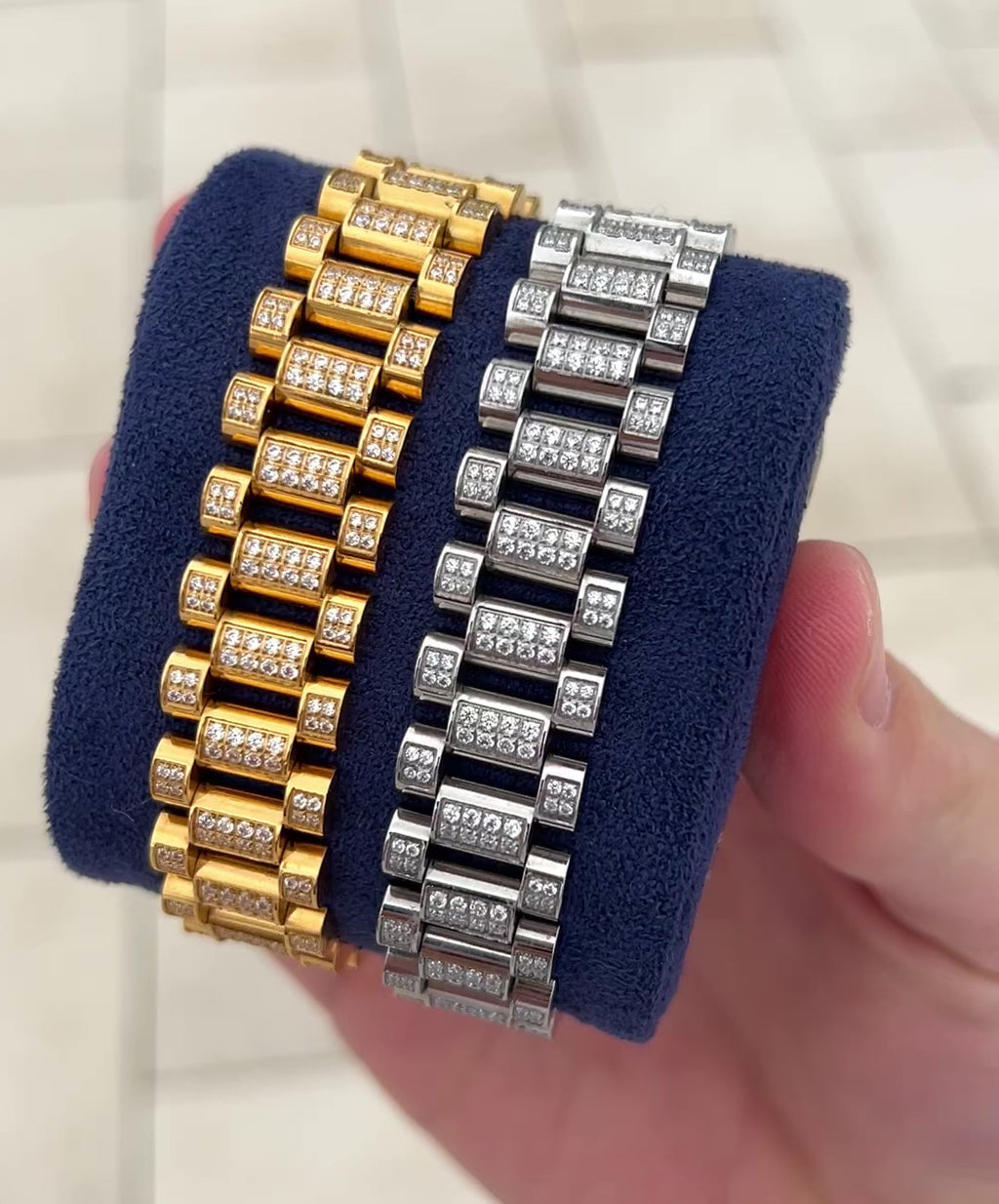 Video showing the iced out president bracelets in gold and steel