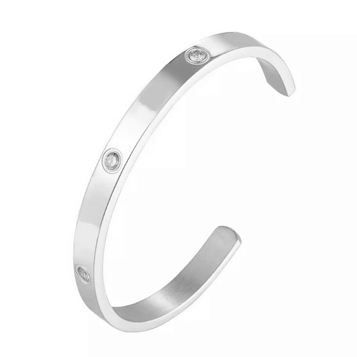 Shiny trio cuff Emils Jewellery Stainless steel bracelet with 3 cubic zirconia stones like diamonds