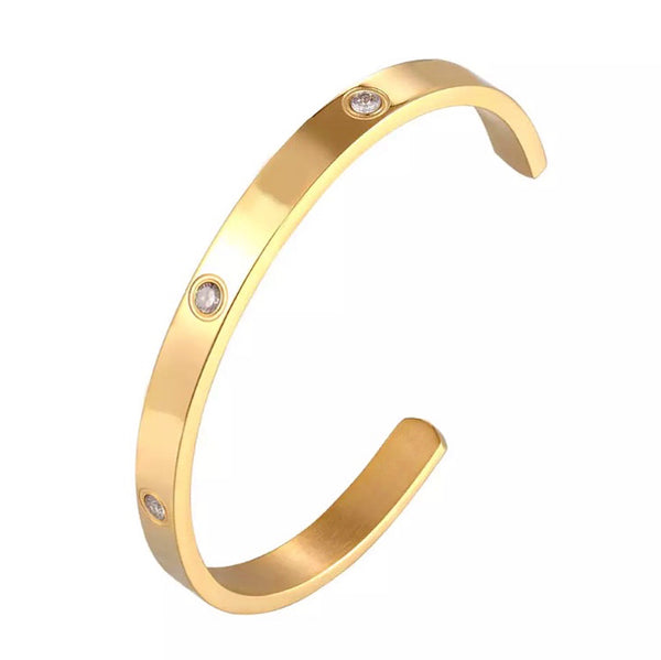 Shiny trio cuff gold plated Emils Jewellery Stainless steel bracelet with 3 cubic zirconia stones like diamonds